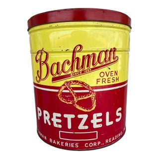 Large Vintage 1950s Red & Yellow Bachman Pretzel Tin For Sale