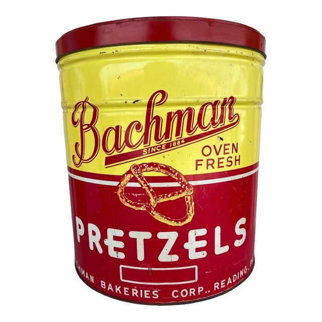 Large Vintage 1950s Red & Yellow Bachman Pretzel Tin For Sale