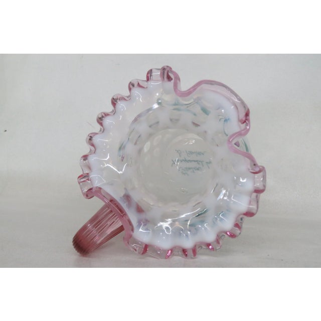 Fenton Glass Diamond or French White Optic Swirl Pink Crest Painted
