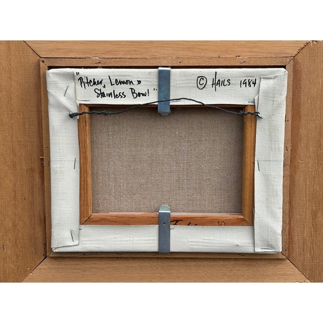 1980s Original Oil on Canvas - Barbara Gelderman Hails Still Life - Pitcher, Lemon, and Stainless Bowl For Sale - Image 6 of 6