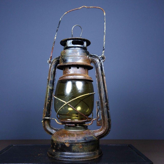Bronze Vintage Rustic Industrial Kerosene Lantern With Green Glass Globe For Sale - Image 8 of 9