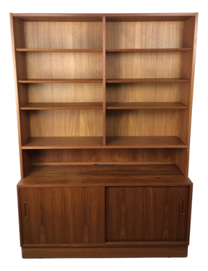 Danish Modern Two Piece Shelving Unit With Adjustable Shelves and Sliding Door Cabinets