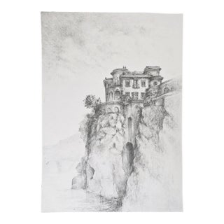 Sorrento Italy Grand Hotel Cocumella Vintage Drawing Original 11*15 Landscape Pencil Art by Carrie Bergey Black White Mediterranean Sea For Sale
