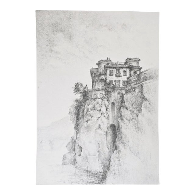 Sorrento Italy Grand Hotel Cocumella Vintage Drawing Original 11*15 Landscape Pencil Art by Carrie Bergey Black White Mediterranean Sea For Sale