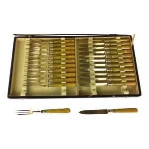 Set of 36 French Antique Dessert Forks & Knives, Oyster Fork Set Gold Ferrules