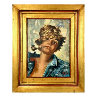 R. Landi, Boy with Pipe and Straw Hat, Oil on Canvas, 1960s, Framed For Sale
