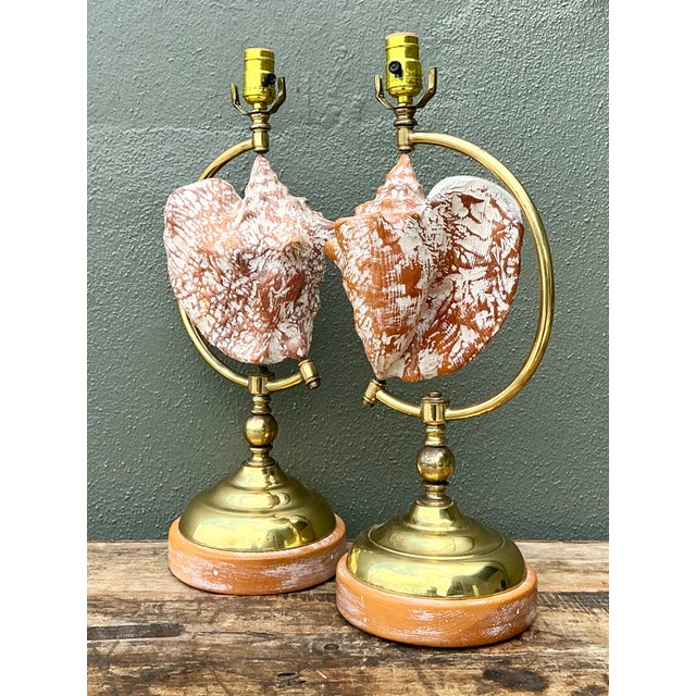 Vintage Brass and Wood Shell Lamps - Pair For Sale - Image 4 of 12