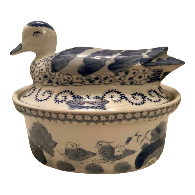Vintage Blue and White Porcelain Duck Tureen For Sale