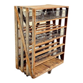 Antique Industrial Distress Gray Wooden Rolling Shelf Storage Cart Store Display For Sale