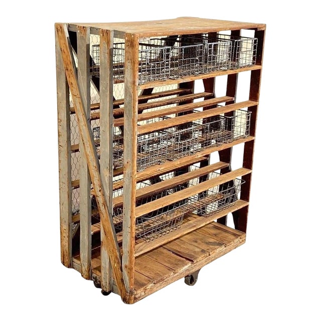 Antique Industrial Distress Gray Wooden Rolling Shelf Storage Cart Store Display For Sale