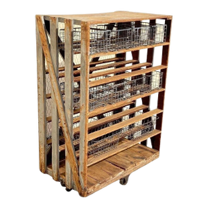 Antique Industrial Distress Gray Wooden Rolling Shelf Storage Cart Store Display