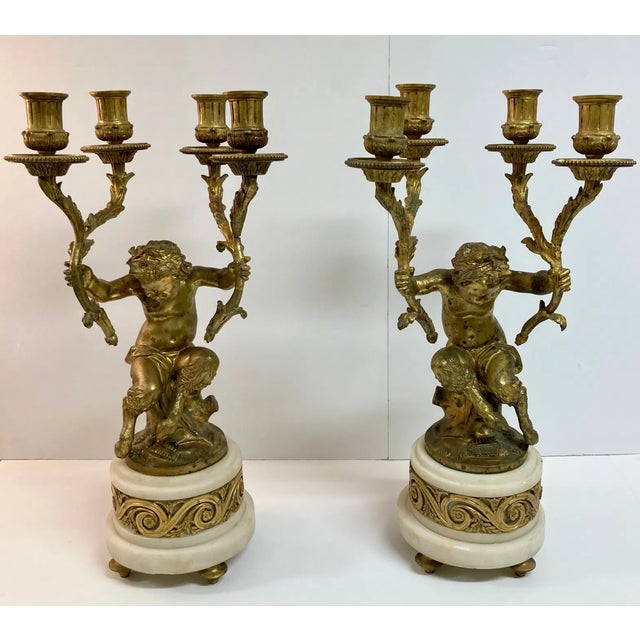 French Large Pair of Antique French Gilt Bronze Putti Candelabra For Sale - Image 3 of 5