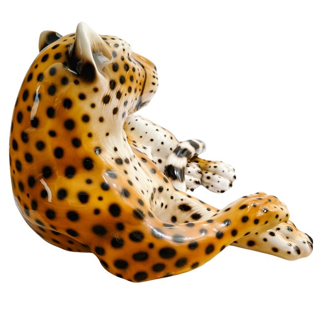 Vintage Large Scale Italian Glazed Porcelain Reclining Leopard Statue For Sale - Image 4 of 7
