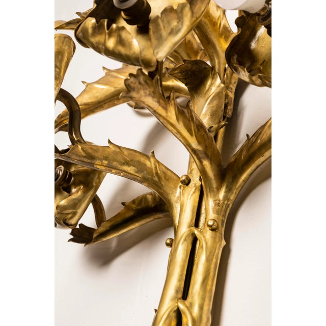 Gold Large Art Nouveau Thistle Wall Sconce in Hammered Brass, France, 20th Century For Sale - Image 8 of 17