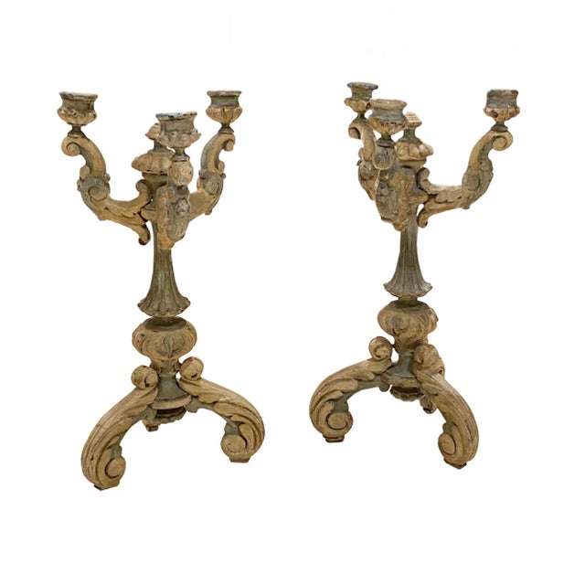 Wood 18th. Century French Blue Carved Wood Candelabrums - a Pair For Sale - Image 7 of 7