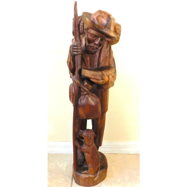 Vintage Hand Carved Wooden Sculpture Old Man Traveler With Dog 