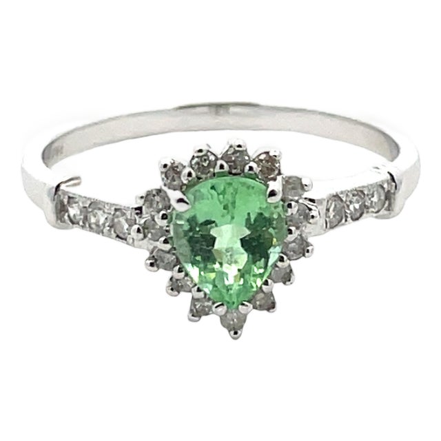 14k White Gold Green Paraiba Tourmaline & Diamond Pear Halo Ring, Size 7 For Sale