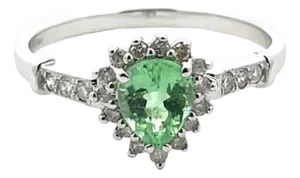 14k White Gold Green Paraiba Tourmaline & Diamond Pear Halo Ring, Size 7