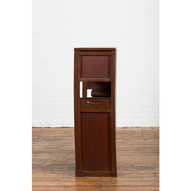 Japanese Vintage Zebra Wood Japanese Cabinet with Sliding Doors and Curving Open Shelves For Sale - Image 3 of 12