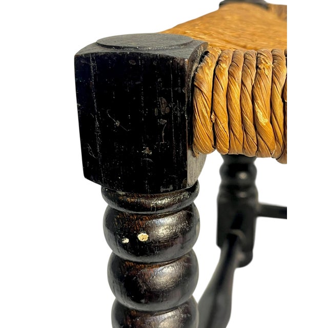 Antique English Jacobean Style Country Woven Rush Seat Stool With Bobbin Legs For Sale - Image 6 of 16