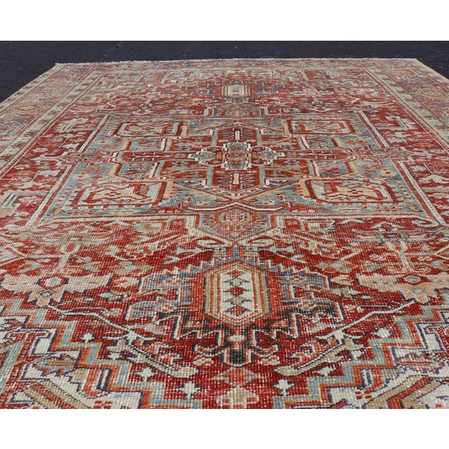 Antique Persian Heriz Rug With Striking Geometric Medallion and Intricate Detailing 7'11"x10'3" For Sale - Image 4 of 12