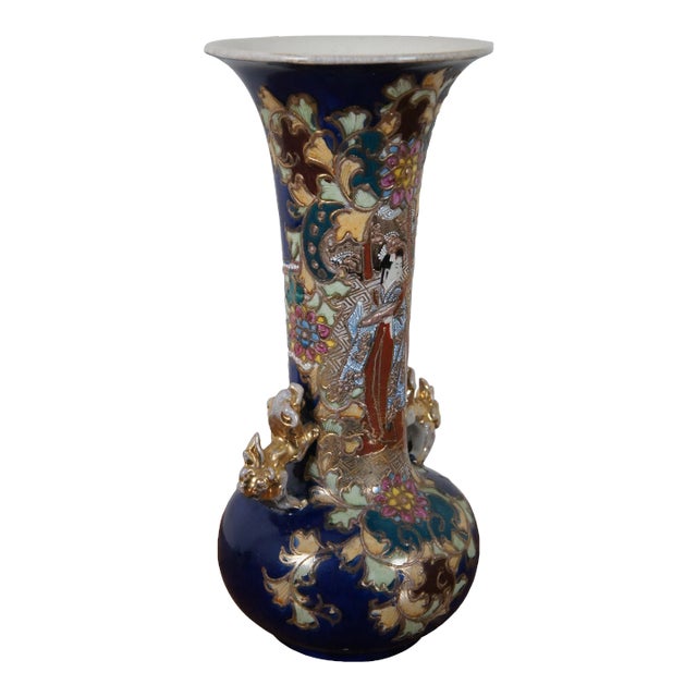 Antique Japanese Meiji Era Porcelain Satsuma Figural Kutani Vase Fu Dogs Geisha For Sale