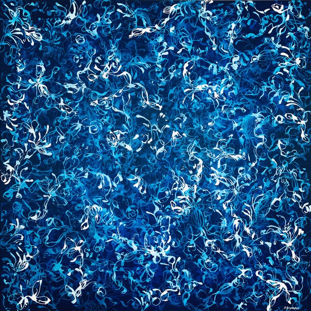 Blue Rising No.2 – 48x48 Large Textured Abstract Painting on Canvas, Blue Atmospheric Contemporary Art For Sale