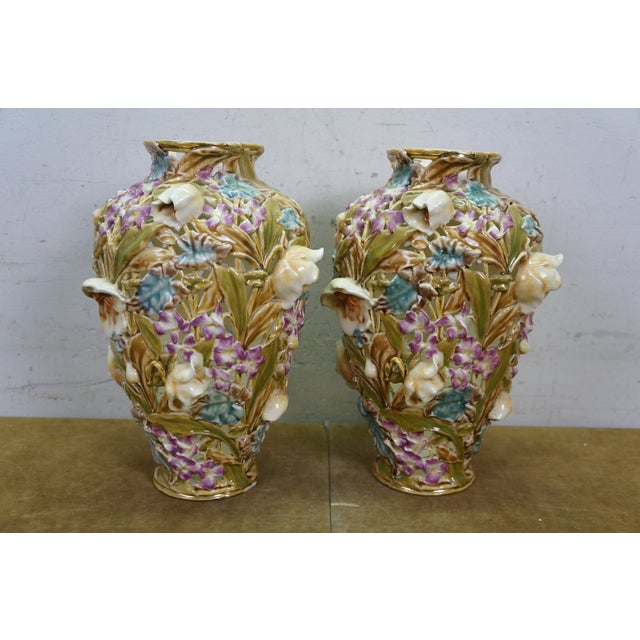 Antique Art Nouveau Hungarian Zsolnay Tádé Sikorski Openwork Floral Mallow Vases For Sale - Image 12 of 18