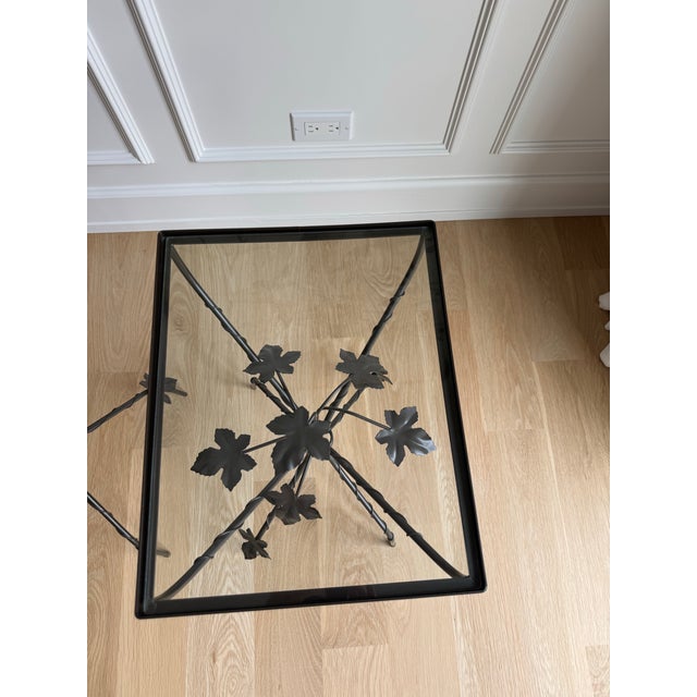 1970s Vintage Sculptural Wrought Iron Ivy Leaf Glass-Top Side Tables by Scully & Scully – Pair For Sale - Image 5 of 10