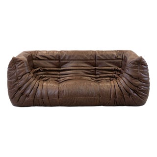 Vintage Two-Seater Togo Sofa with Arms in Brown Leather by Michel Ducaroy for Ligne Roset, 1970s For Sale