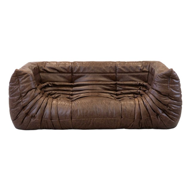 Vintage Two-Seater Togo Sofa with Arms in Brown Leather by Michel Ducaroy for Ligne Roset, 1970s For Sale