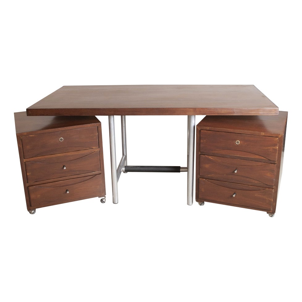 Wooden Desk with Metal Structure and Handable Drawers, 1960s | Chairish