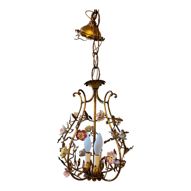 Italian Tole Vintage Chandelier With Polychrome Porcelain Flowers For Sale