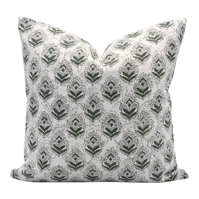 Fabdivine Handmade Block Printed Cushion Cover 26x26 Inch Pure White Linen- Betal Leaf For Sale