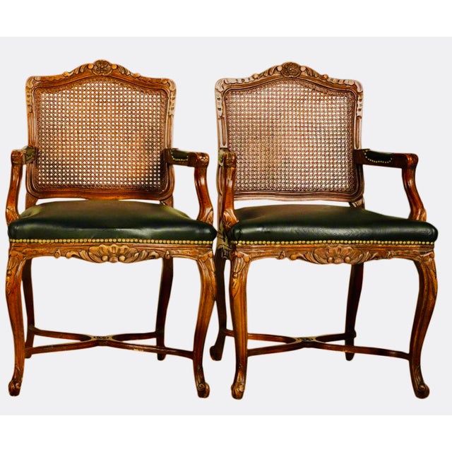 Early 20th Century Pair of Carved Cane-Back Armchairs With Leather Seats For Sale In Los Angeles - Image 6 of 6