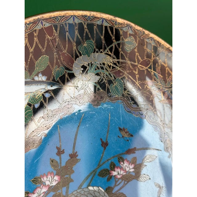 Meiji Japanese Cloisonne Enamel Charger With Crab, Fish, and Marine Life in Net For Sale - Image 10 of 12