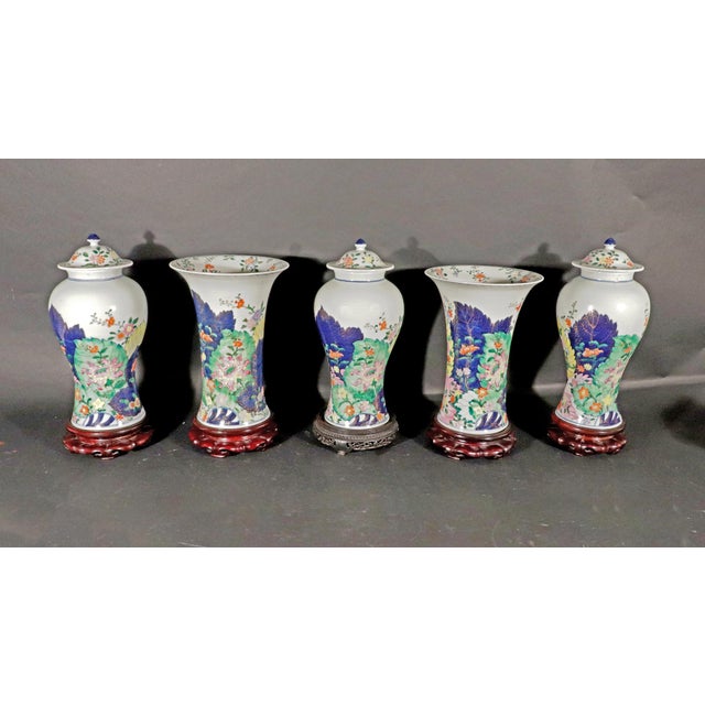 Chinese Vintage Tobacco Leaf Porcelain Garniture of Five Vases For Sale - Image 3 of 17
