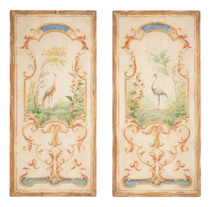 Louis XVI Style Hand-Painted Decorative Wall Panels with Crane Scenes, Late 19th Century, Set of 2