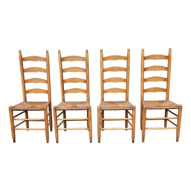 Early 20th Century Shaker Style Maple Ladder Back With Rush Seats Dining Chairs- Set of 4 For Sale