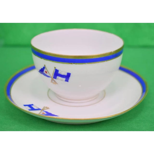1930s Private Beverly Ma Yacht Club 'Burgee' (Left) X Private Signal (Right) Cup & Saucer Set Made in France For Sale In New York - Image 6 of 6