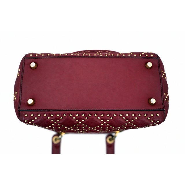 Burgundy Christian Dior Medium Lady Dior Cannage Studded Burgundy Leather Bag With Strap For Sale - Image 8 of 12