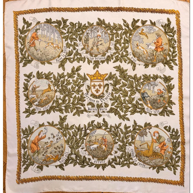 HERMES TERMS OF HUNTING 1966 This Hermes scarf celebrates the practice of hunting with hounds in the Middle Ages. The term...
