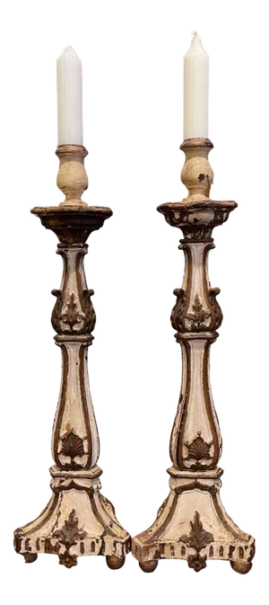 Pair of 19th Century Italian Carved Two-Tone Painted Candlesticks