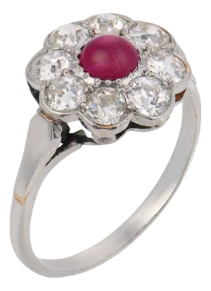 1930s Art Deco Ruby Diamond Platinum Cluster Ring, Size 7