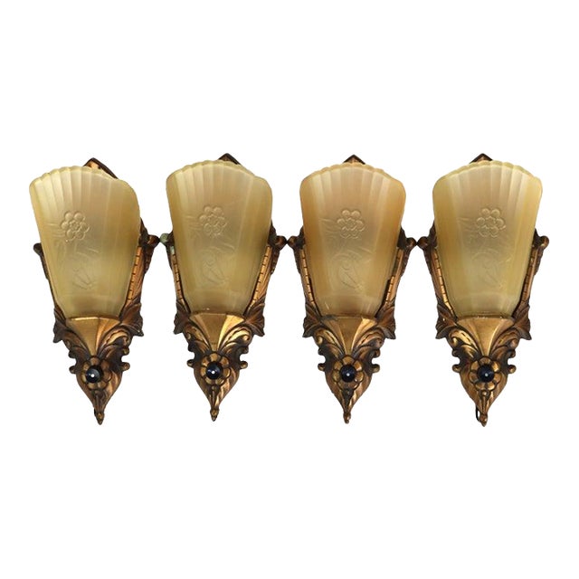 1920s Art Deco Bronze Finish Slip Shade Wall Sconces - Set of 4 For Sale