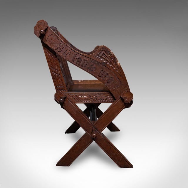 Victorian Antique Inscribed Glastonbury Chair, English, Oak, Gothic Armchair, Victorian For Sale - Image 3 of 12