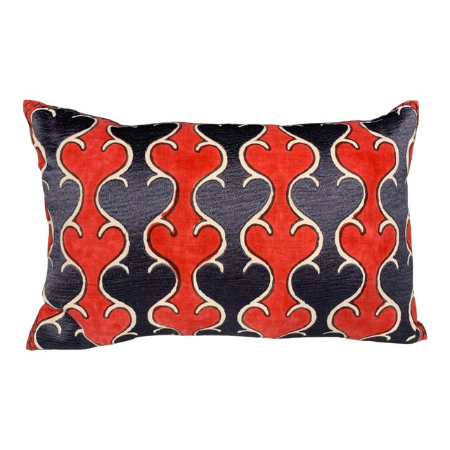 Contemporary John Robshaw Embroidered Red Navy Lumbar Pillow