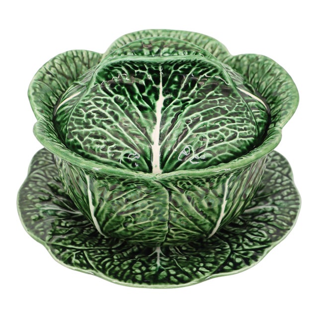 1950s Bordallo Pinheiro Large Cabbage Tureen and Underplate, Portuguese For Sale
