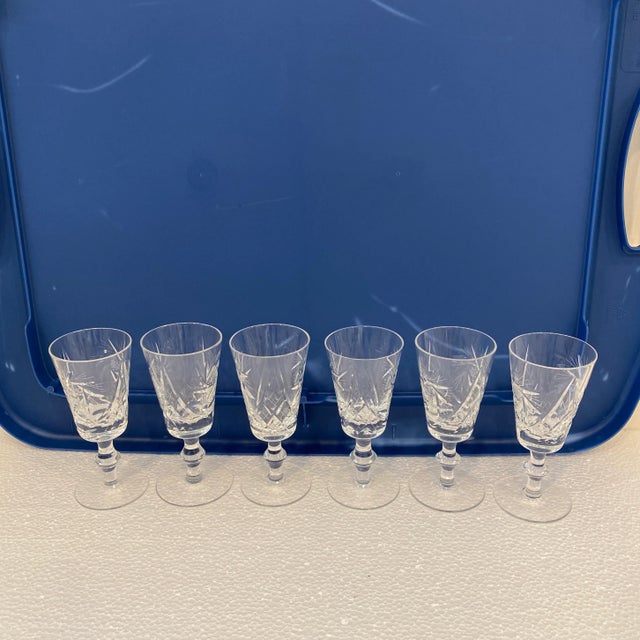 Set of six crystal cordial glasses. Elegant and lovely design.