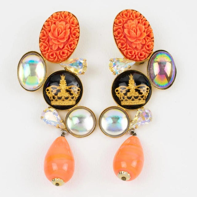Zoe Coste Faux-Coral and AB Crystal Dangle Earrings For Sale - Image 4 of 7